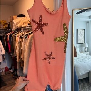 Sleeveless Coral Sequin Starfish Tank Dress